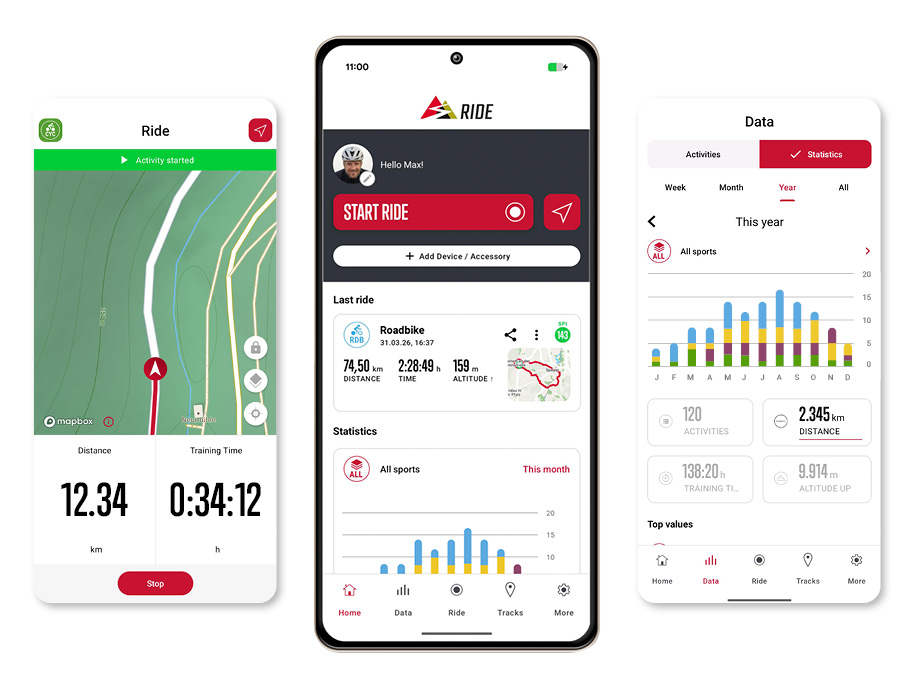 SIGMA RIDE APP - 3 verschiedene App-Ansichten